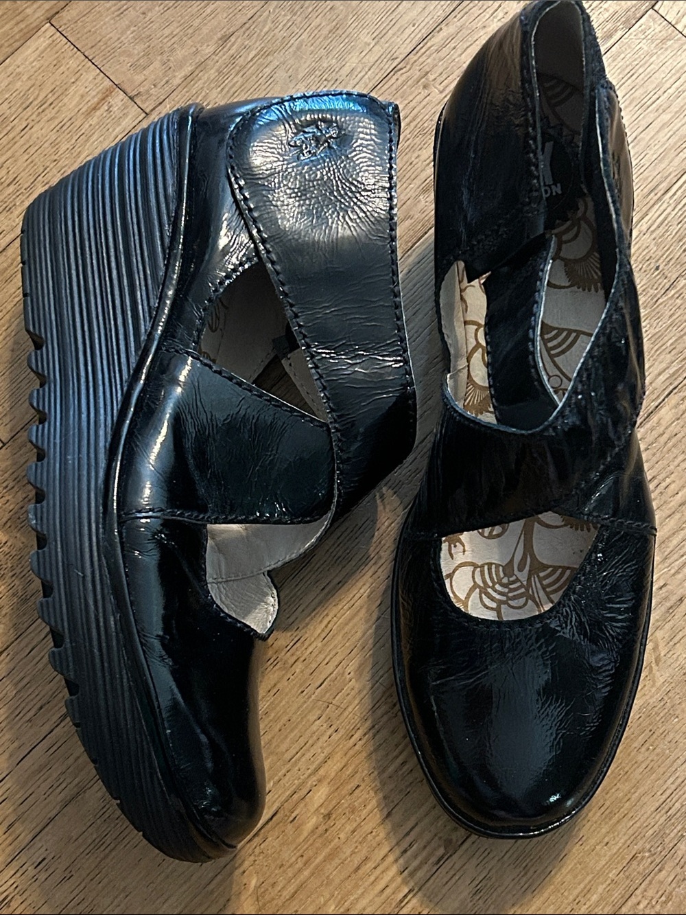 Fly London Black Patent Platform Mary Jane Wedges size 41